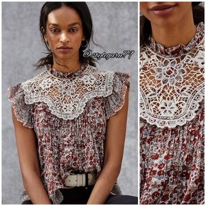NWT, Anthropologie, MALIA LACE RUFFLE SLEEVE BLOUSE